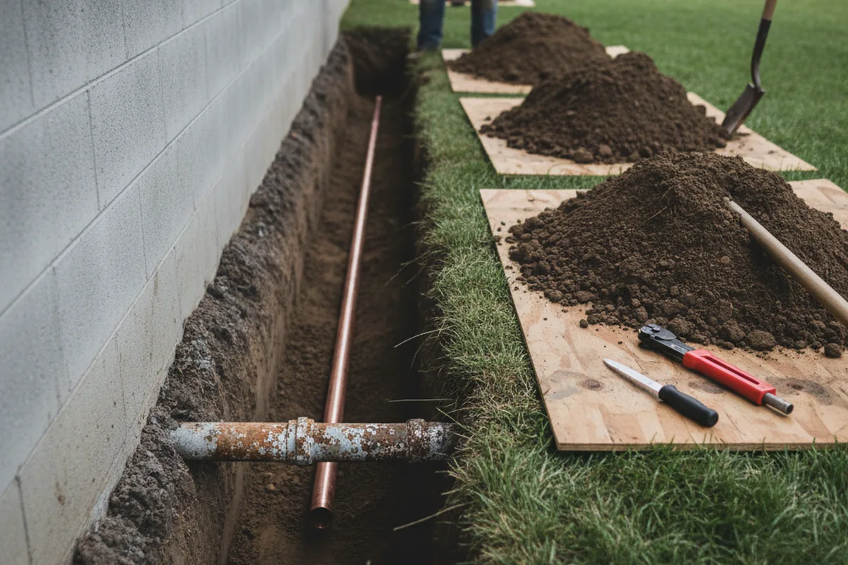 Excavated water line trench during Water Softener Installation in Glencoe